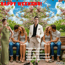 a man in a white suit is standing in front of a group of people sitting on a bench with the caption happy weekend