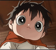 a close up of a cartoon character with a red scarf around his neck