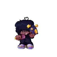 a pixel art of a person holding a gun and a donut in their mouth .