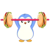 a penguin is holding a barbell with a sandwich on it
