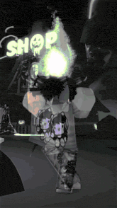 a cartoon character is standing in front of a shop sign