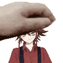 a pixel art of a hand holding a person 's head .