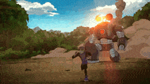 a cartoon drawing of a boy running away from a large robot