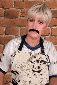 a woman is wearing an apron with a mickey mouse on it and a fake mustache .
