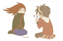 a cartoon of a boy blowing a megaphone at another boy with the name zettaiya on the bottom right