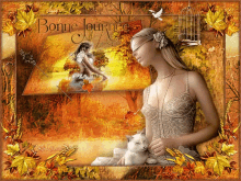 a picture of a woman holding a cat with the words bonne journee written on it