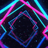 a dark background with neon squares and dots floating in the air