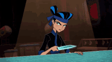 a cartoon character with a blue headband is holding a knife in her hand