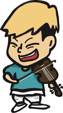 a cartoon drawing of a boy holding a violin and smiling