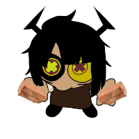 a cartoon character with horns and glasses holds a piece of meat