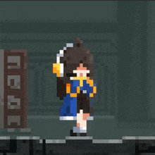 a pixel art illustration of a girl wearing headphones and a blue dress .