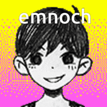 a black and white drawing of a boy with the word emnoch written above him
