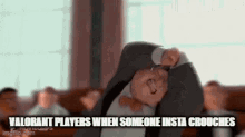 a cartoon of a man in a suit and tie with the words valorant players when someone insta crouches