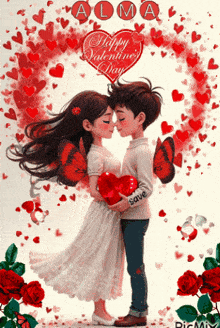 a boy and a girl kissing in front of a heart that says alma on it