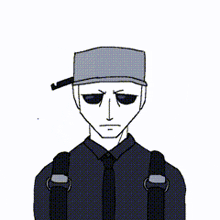 a cartoon of a man wearing a hat , tie , and suspenders .