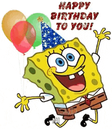 spongebob squarepants is wearing a party hat and holding balloons on a happy birthday card .