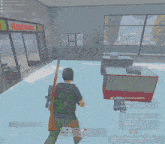 a screenshot of a video game shows a man holding a gun in a room with a lot of windows