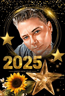 a man 's face is surrounded by the numbers 2025