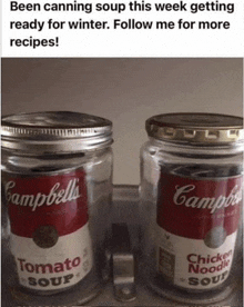 two jars of campbell 's tomato and chicken noodle soup on a shelf