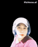 a woman wearing headphones stands in front of a white bird with pixverse.ai written in the corner