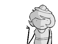 a black and white drawing of a woman with a hat and a cane