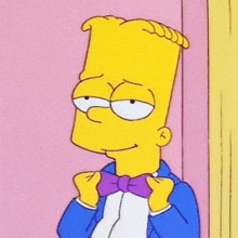 bart simpson from the simpsons is wearing a purple bow tie .