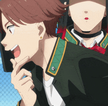 a man and a woman are standing next to each other and the man has a screw on his collar