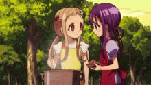 two anime girls are standing next to each other and one is holding a pot