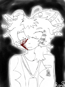 a black and white drawing of a girl with blood coming out of her nose