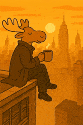 a moose sitting on a building roof drinking coffee