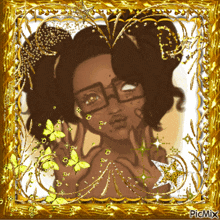 a picture of a girl with glasses in a gold frame with picmix written on the bottom right