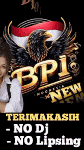 a woman stands in front of a logo for bpi indonesia