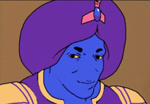 a cartoon drawing of a genie with a purple turban