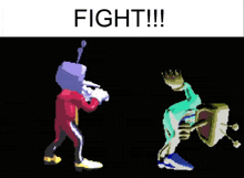 a pixel art drawing of two cartoon characters with the words fight !!! above them