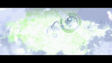 a painting of a person flying through a circle of green and white clouds