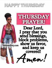 a happy thursday prayer with a woman in a pink jacket