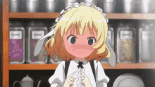 a girl with blonde hair and white ears is standing in front of a shelf with jars of candy
