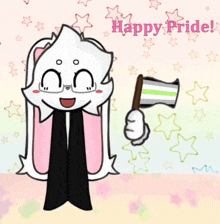 a drawing of a bunny holding a bisexual flag with the words happy pride below