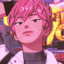 a close up of a person with pink hair and a sign in the background
