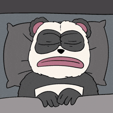 a cartoon panda bear is laying in bed with a pillow
