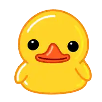 a yellow rubber duck with black eyes and a red beak