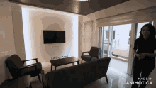 a woman is standing in a living area that is made in animotica