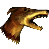a close up of a wolf head with its mouth open