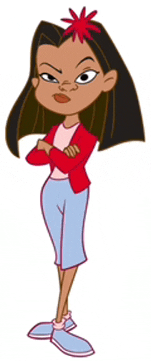 a cartoon girl with a flower in her hair is standing with her arms crossed