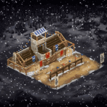 a cartoon drawing of a building with flags on it and snow falling around it