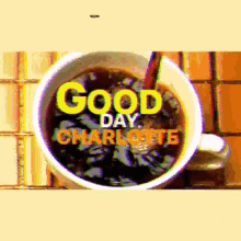 a cup of coffee with good day charlotte written on it