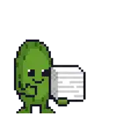 a pixel art illustration of a pickle holding a piece of paper with the words " leave it to me " below it