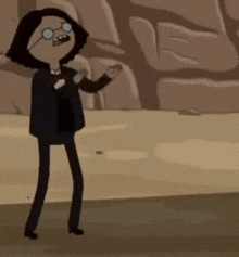 a cartoon character with glasses and a bow tie is standing in front of a stone wall .