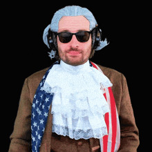 a man wearing a wig and sunglasses has an american flag draped around his neck
