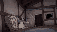 a drawing of a room with a coffin and a dresser